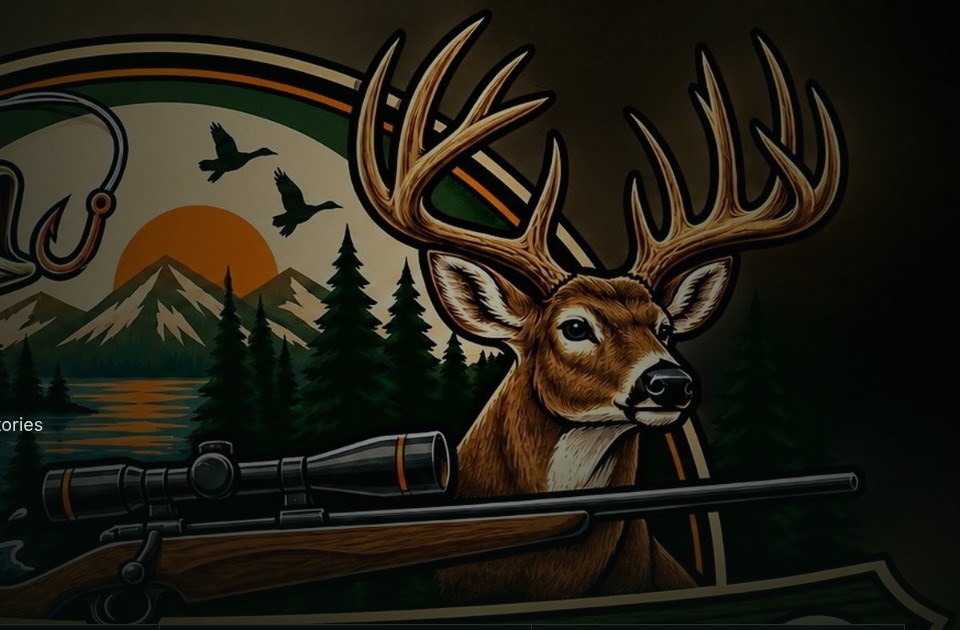 Whitetail buck, largemouth bass and a rifle over a mountain sunset — the Bucks & Bass brand illustration